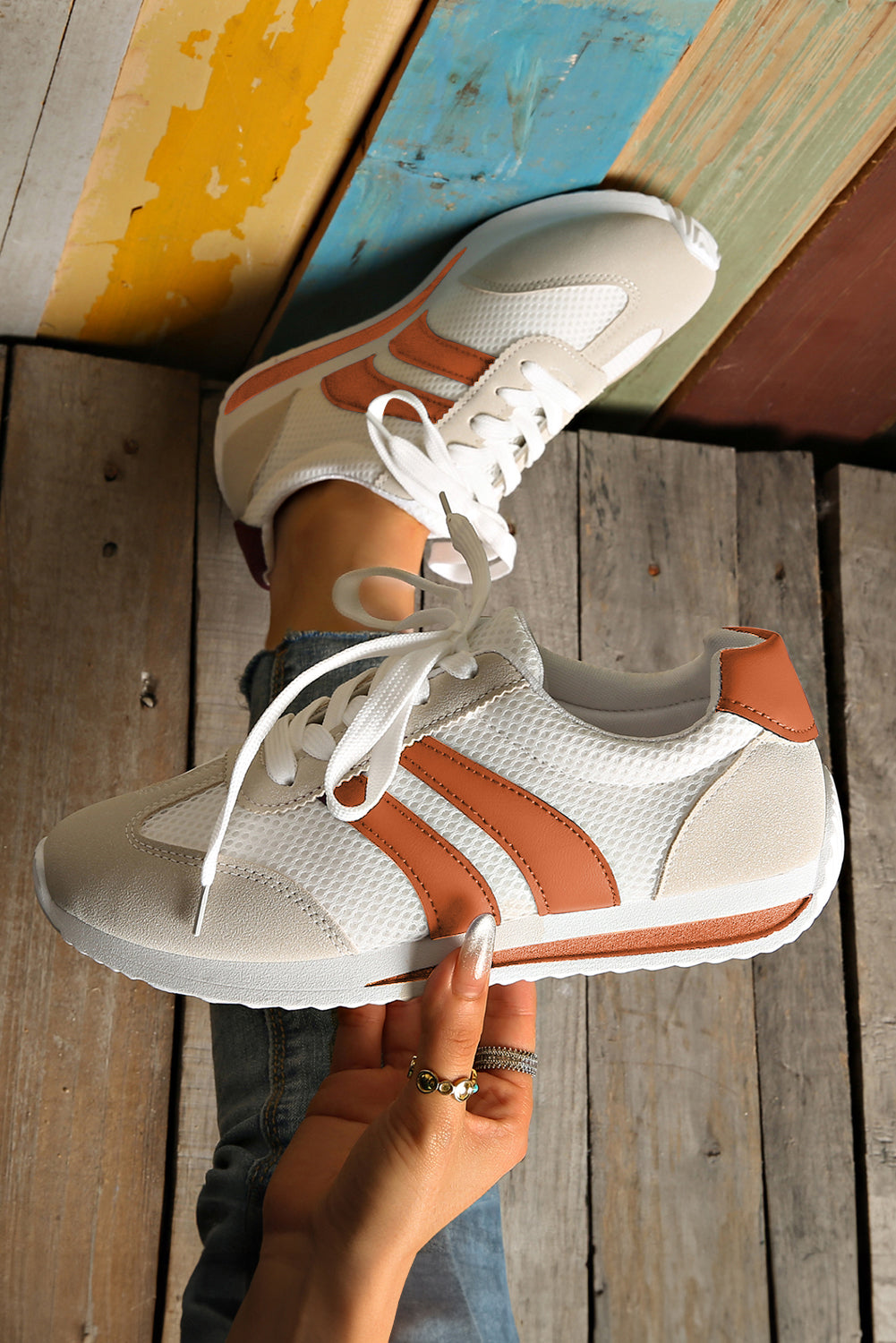 White Patchwork Breathable Lace Up Sneakers Sneakers 892db4a5cd483fa4