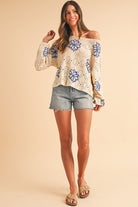 Beige Flower Print Drop Shoulder Hollow Knit Sweater Knit Tops 892f2fd348caa191