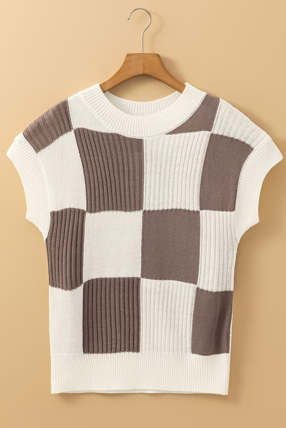 Light Blue Checkered Color Block Crew Neck Short Sleeve Sweater Short Sleeve Sweater 8931198993a7c8e0