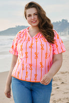 Rose Bowknot Print Shirred V Neck Puff Sleeve Plus Size Blouse Plus Size Tops 894b768f474bd031