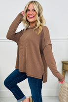 Green Bay Twisted Rib Exposed Seam Detail Long Sleeve Loose Top Long Sleeve Tops 896451838471b11d