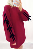 Racing Red Contrast Striped Bow Detail Drop Shoulder Sweatshirt Dress with Pockets Mini Dresses 89a6d1a491314c3c