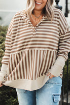 Brown Stripe Drop Sleeve Plus Size Henley Hoodie Plus Size Tops 89abb1263c7a1560