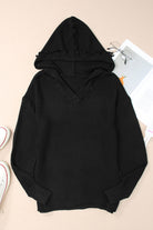 Black Split V Neck Pullover Knit Hooded Sweater Sweaters 89bb7cada0aeaab6