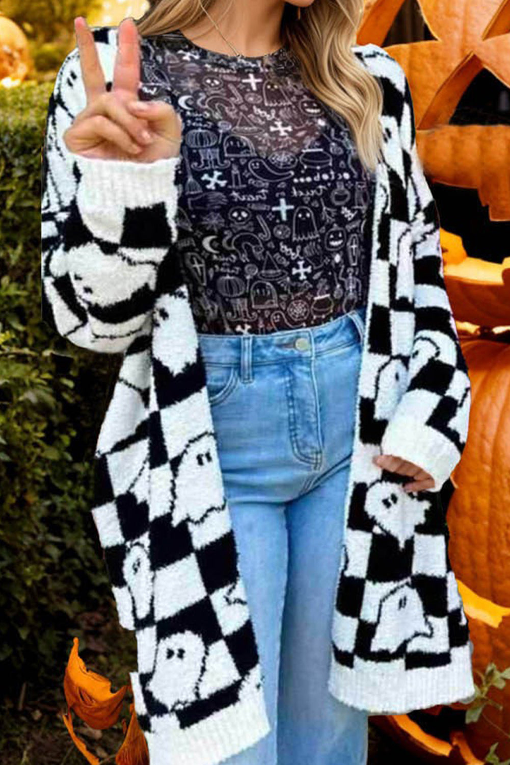 Black Halloween Plaid Ghost Pattern Mid length Knitted Cardigan Cardigans 89bbb5acfe7af4c0