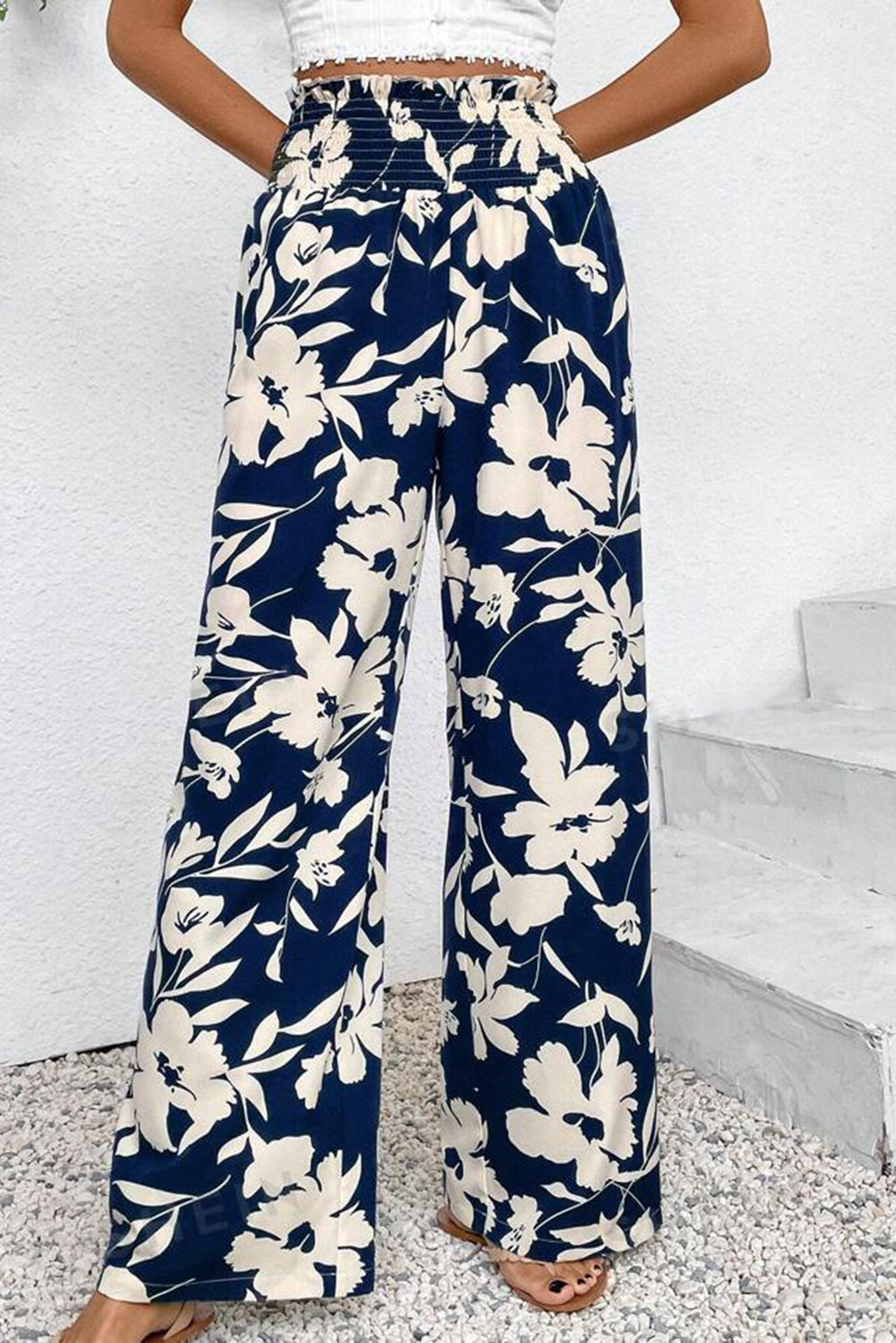 Blue Floral Smocked Frill Waist Wide Leg Pants Pants 89c94c9acf696e27