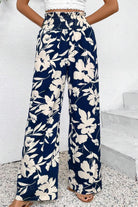 Blue Floral Smocked Frill Waist Wide Leg Pants Pants 89c94c9acf696e27