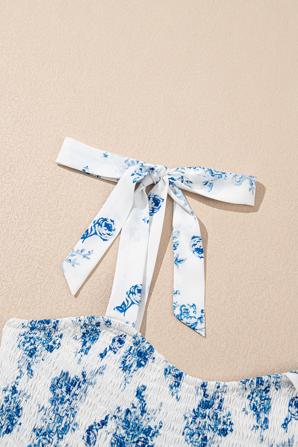 Sky Blue Floral Print Smocked Knot Shoulder Sleeveless Midi Dress Midi Dresses 89e4f9b773a16aa2