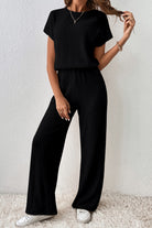 Black Ribbed Keyhole Short Sleeve Wide Leg Jumpsuit Jumpsuits 89f64e0604caed02