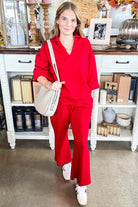 Fiery Red Plain V Neck Pullover Drawstring Bell Bottom Pants Set Two Piece Pants Sets 89f69fd0ad766d3e
