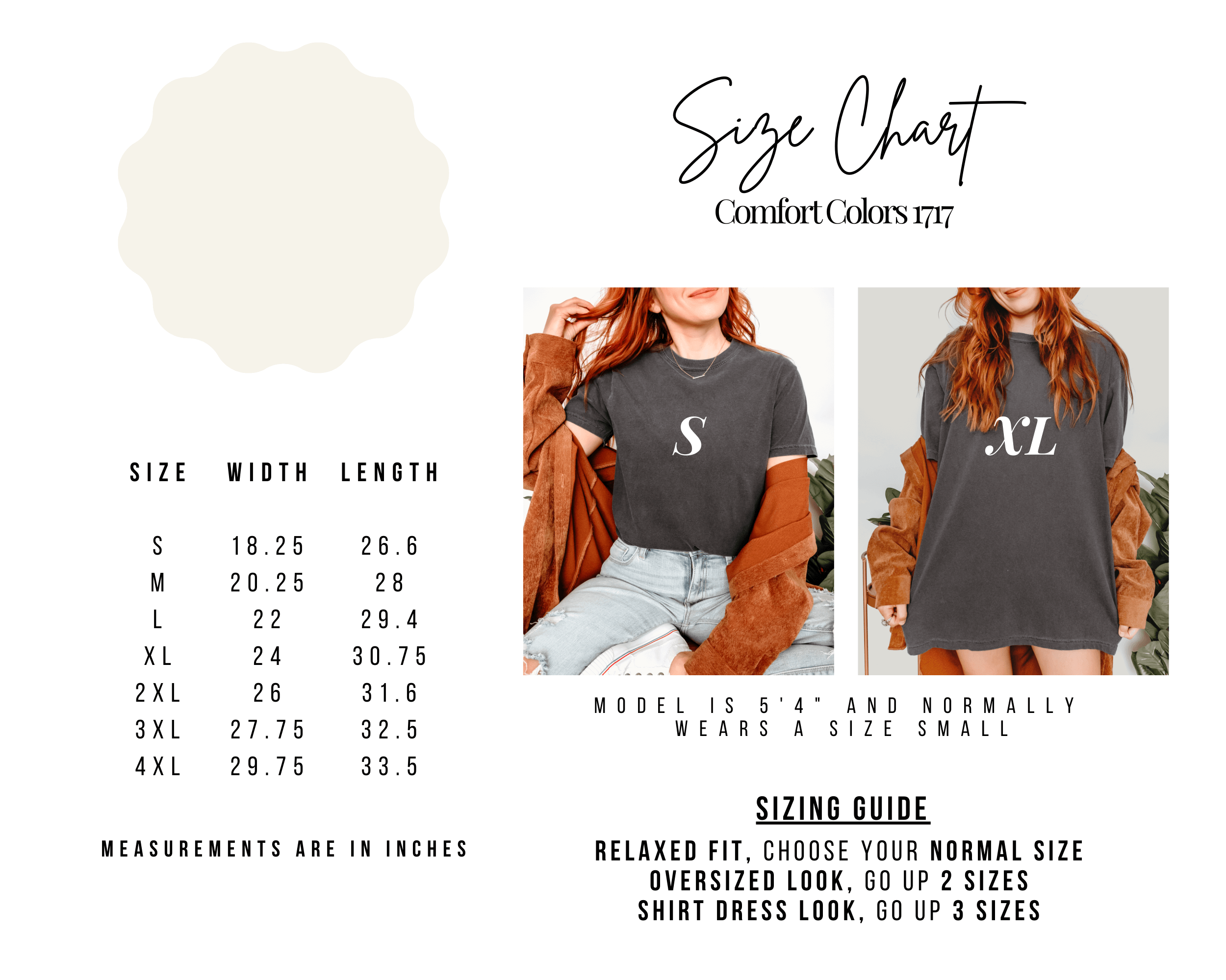 Size chart for Comfort Colors 1717 unisex graphic tees with models wearing size small and extra-large, featuring relaxed fit and sizing guide.