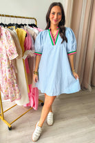 Myosotis Striped Pop of Color V Neck Puff Sleeve Mini Dress Short Dresses 8a073528f5ba07fa