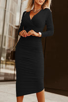 Black Long Sleeves Wrap V Neck Ruched Sheath Midi Dress Midi Dresses 8a0ef80214959311