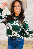 Blackish Green Bow Print Checkered Knit Sweater Sweaters 8a1c9ff20da8d5ea