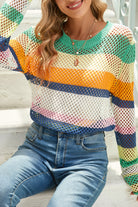 Green Colorblock Striped Hollow Knitted Top Knit Tops 8a23a858e136fe8a