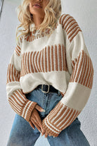 Khaki Two Tone Striped Patchwork Drop Shoulder Sweater Sweaters 8a3863016b74de8d