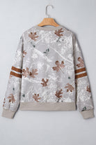 Gray Maple Leaf Camo Print Varsity Striped Sleeve Casual Sweatshirt Sweatshirts & Hoodies 8a432c81d407a3b7