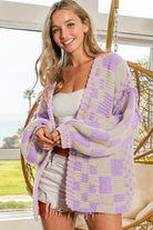 Orchid Petal Colorblock Checked Open Front Knitted Cardigan Cardigans 8a499c1050d95575