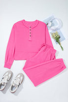Bright Pink Raw Edge Henley Pullover and Jogger Pants Set Two Piece Pants Sets 8a6036bfa5640b1a