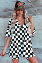 Black Checkered Print V Neck Pocketed Pajama Set Loungewear Set 8a64991977aa8ccc
