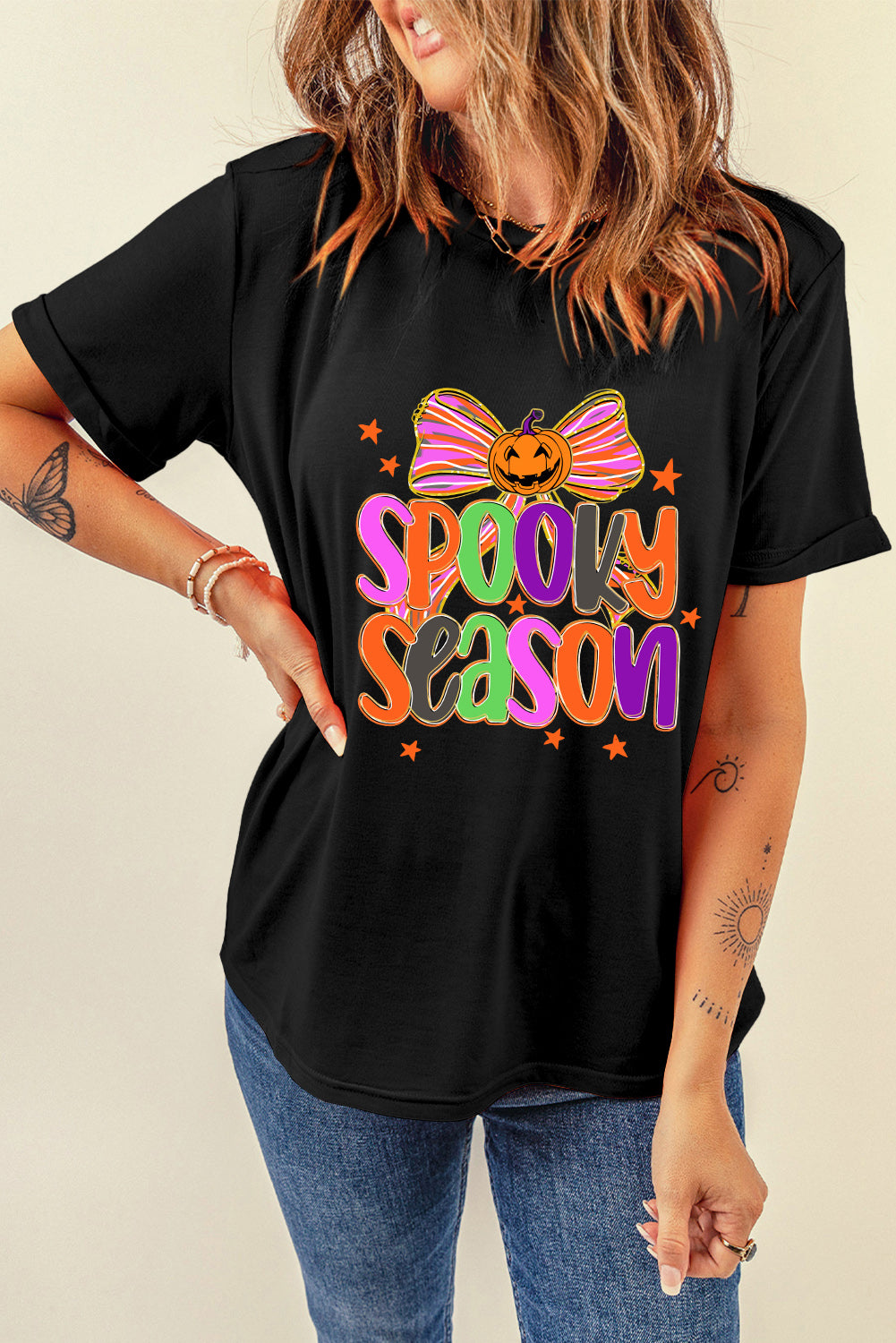 Black SPOOKY SEASON Halloween Pumpkin Bow Heat Transfer Printing T Shirt Graphic Tees 8a70344631762dea