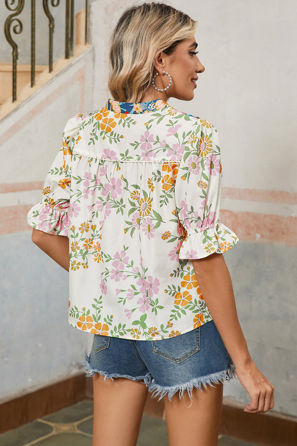 Multicolour Half Sleeve Boho Floral Pop of Color Neckline Blouse Blouses 8aa875b83c6396cd