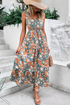 Green Floral Print Trimmed V Neck Sleeveless Vacation Dress Midi Dresses 8af6ec37c216bcb1