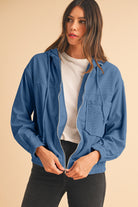 Real Teal Corduroy Drawstring Hooded Pocket Zip Up Jacket Jackets 8afe5113814f1836