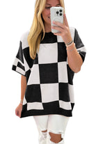 Black Checkered Pattern Loose Short Sleeve Sweater Short Sleeve Sweater 8b187eb655ea2320
