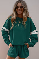 Evergreen Varsity Striped Sleeve Drop Shoulder Sweatshirt and Shorts Set Two Piece Shorts Sets 8b4259bc9efa231b