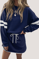 Sky Blue Varsity Stripe Detail Drop Shoulder Pullover Mini Skort Set Two Piece Shorts Sets 8b4961248d11b5da