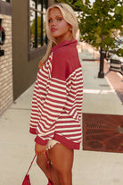 Red Stripe Collared V Neck Drop Shoulder Top Long Sleeve Tops 8b80312cb74292de