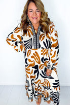 White Plus Size Abstract Print Contrast Collar Split Neck Shift Long Dress Plus Size Maxi Dresses 8b90493a02cb26fe