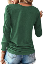 Blackish Green U Neck Smocked Cuffs Side Drawstring Henley Top Long Sleeve Tops 8b906be3bfe2865d