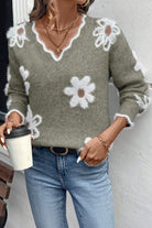 Smoke Gray Jacquard Floral Scallop V-neck Sweater Sweaters 8b978c025ae492a3