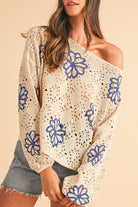 Beige Flower Print Drop Shoulder Hollow Knit Sweater Knit Tops 8b9d89e0d0ab65d5