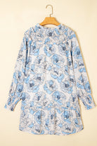 Sky Blue Floral Print Tie Neck Long Sleeve Flowy Mini Dress Short Dresses 8bc97c488e2c77b5
