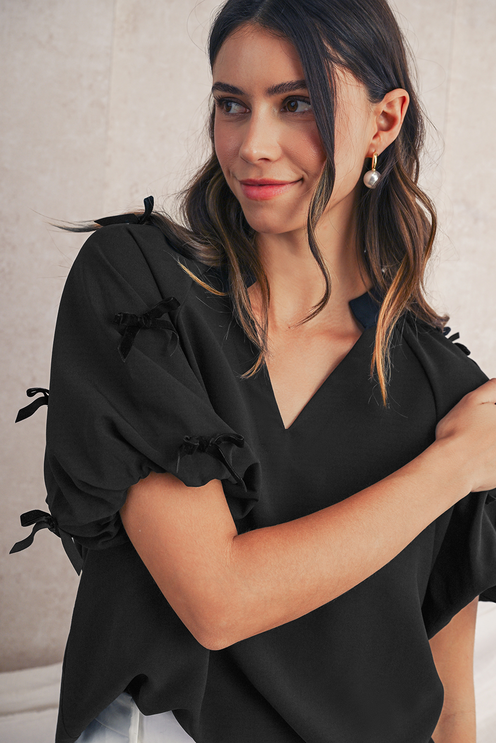 Black V Neck Bow Detail Puff Sleeve Blouse Blouses 8bf64cd35d55cb75