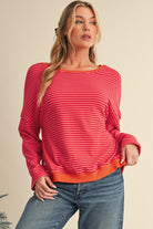 Tomato Red Two Tone Striped Side Buttons Drop Shoulder Top Long Sleeve Tops 8bf6f5a1348d5b0b