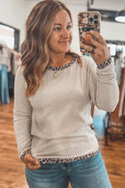 Parchment Ribbed Contrast Leopard Edge Round Neck Plus Size Top Plus Size Tops 8c0c8b8766dd7361