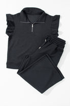 Black Textured Ruffle Cap Sleeve Top and Wide Leg Pants Set Two Piece Pants Sets 8c1da4580e9f4c79