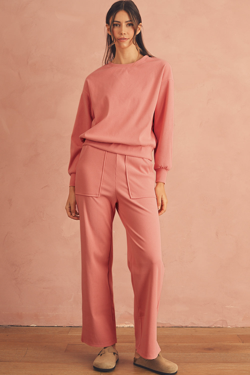 Blossom Ribbed Drop Shoulder Sweatshirt Pocketed Pants Set Two Piece Pants Sets 8c42e30e234eac13