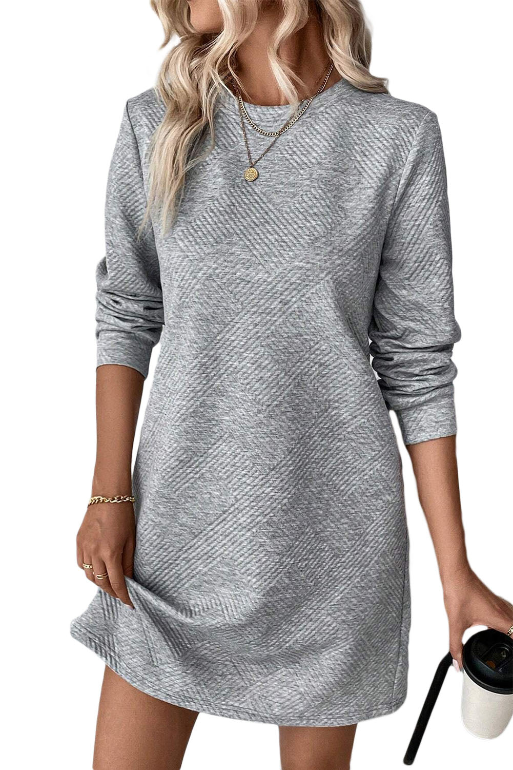 Gray Solid Color Textured Long Sleeve Shift Short Dress Short Dresses 8c57b8f3af45a3ad