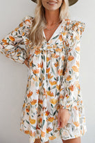 Yellow Floral Print Tie Neck Frill Detail Long Sleeve Mini Dress Short Dresses 8c62bd8e464980a1