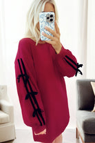Racing Red Contrast Striped Bow Detail Drop Shoulder Sweatshirt Dress with Pockets Mini Dresses 8c7f2d49f06c2e37