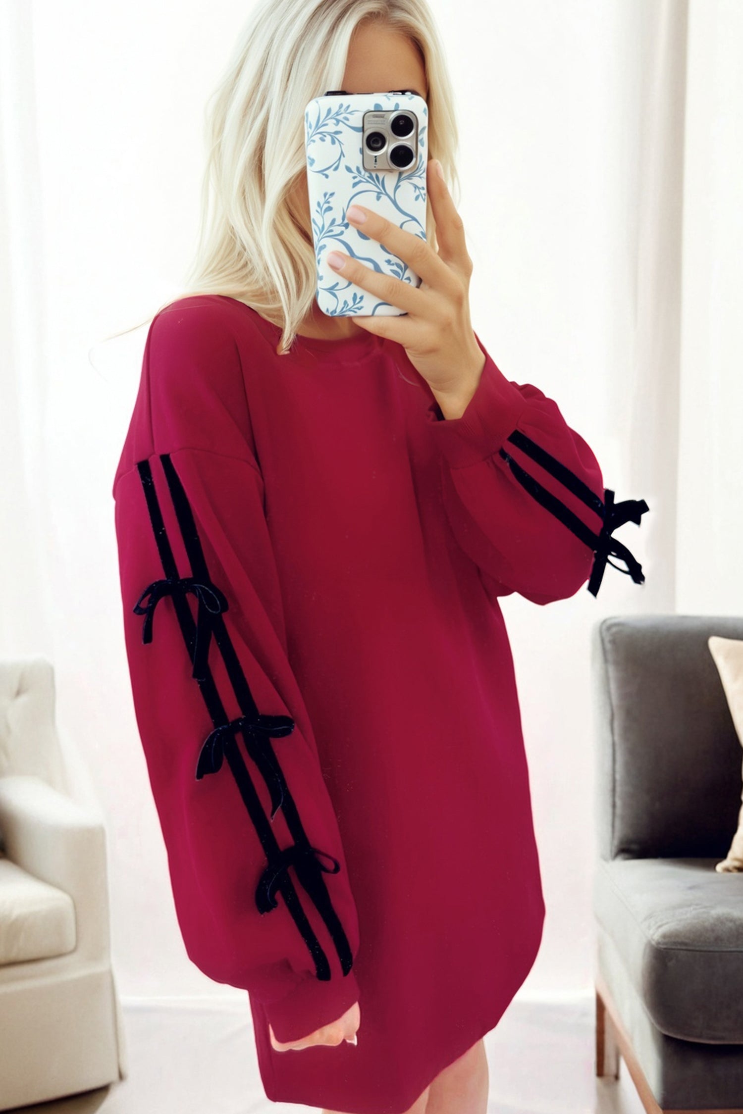 Racing Red Contrast Striped Bow Detail Drop Shoulder Sweatshirt Dress with Pockets Mini Dresses 8c7f2d49f06c2e37