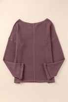 Purple Waffle Knit Split V Neck Drop Shoulder Long Sleeve Top Long Sleeve Tops 8cc7118c65fcfe63