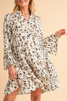 Khaki Leopard Button V Neck Pocket Flowy Mini Dress Short Dresses 8d09d15a0211b7c8