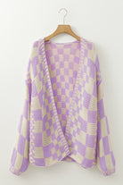Orchid Petal Colorblock Checked Open Front Knitted Cardigan Cardigans 8d3712f7be8bd9d7