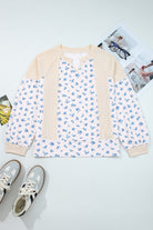 Beige Floral Print Waffle Patchwork Balloon Sleeve V Neck Oversized Top Long Sleeve Tops 8d3952e18e703e50